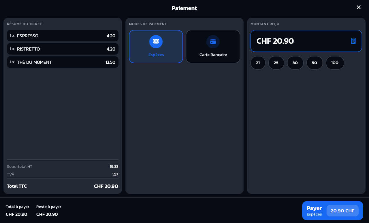 LaKaisse payment screen: cash or card, quick amounts
